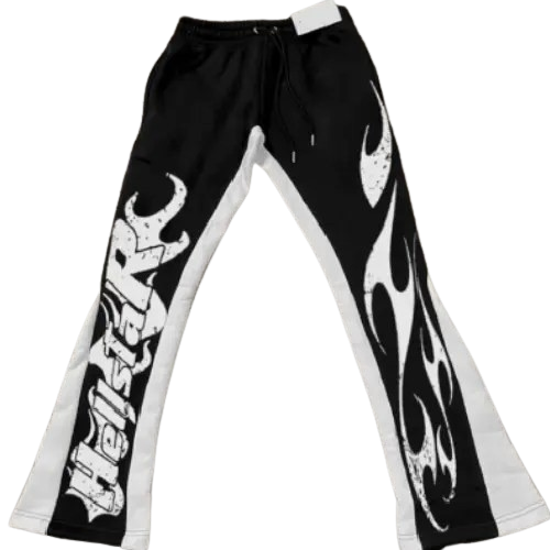 Black/White Hellstar Flame Graphics Flared Trousers